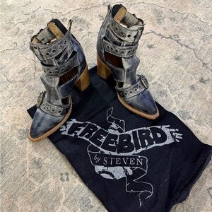 Freebird by Steven Distressed Black Gray Cutout Strap Ankle Boots